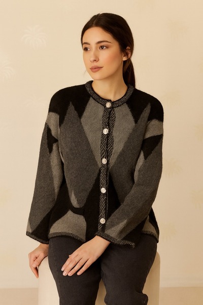ASEZ BUTİK Oversize Patterned Soft Textured Cardigan - Gray & Black