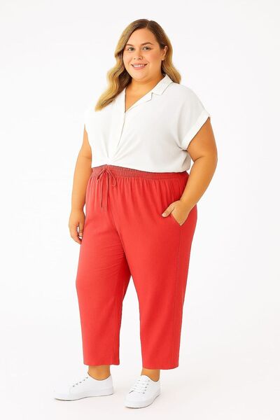 enmodaiçgiyim Pomegranate Flower Plus Size 100% Cotton Muslin Fabric Women's Trousers – Narrow Leg, Pockets, Comfortable Fit
