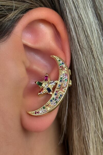 TAKIŞTIR Altın Renk Ay Ve Yıldız Figürlü Taş Detaylı Ear Cuff (Tek)