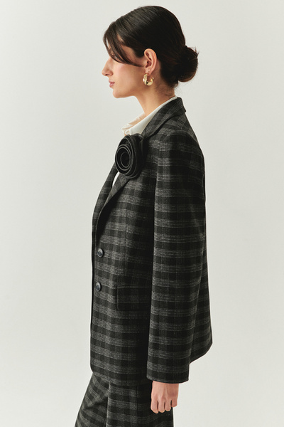 Exquise Plaid Stone Detailed Pocketed Regular Lined Anthracite Blazer Jacket