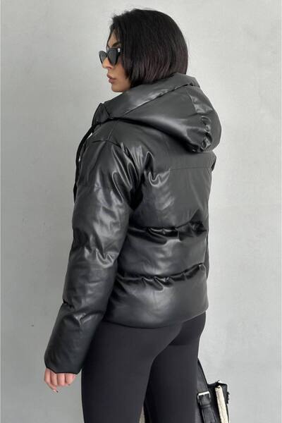 schlank Women's Black Faux Leather Waterproof Hooded down Jacket