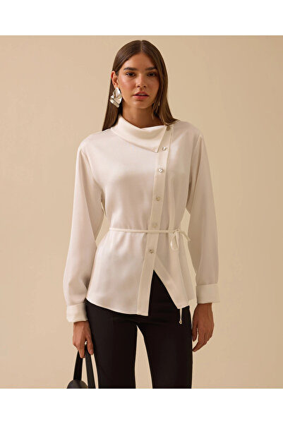 SEÇİL Asymmetric Buttoned Belted Shirt