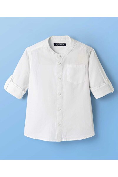 Pine kids قمصان قطنية 100% بأكمام طويلة وألوان سادة وياقة ماندرين - أبيض