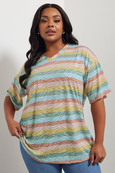 Stil Diva Large Size V-Neck Striped Zebra Pattern T-Shirt 303953