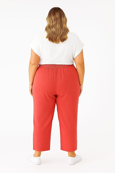 enmodaiçgiyim Pomegranate Flower Plus Size 100% Cotton Muslin Fabric Women's Trousers – Narrow Leg, Pockets, Comfortable Fit