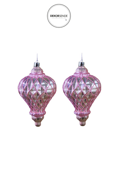 Dekorsende New Year's Ornament Diamond Patterned Set of 2 Shiny Balls Pink 10 cm