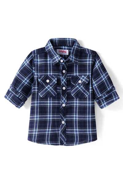 Babyhug Cotton Knit Full Sleeves Checks Shirt - Navy Blue