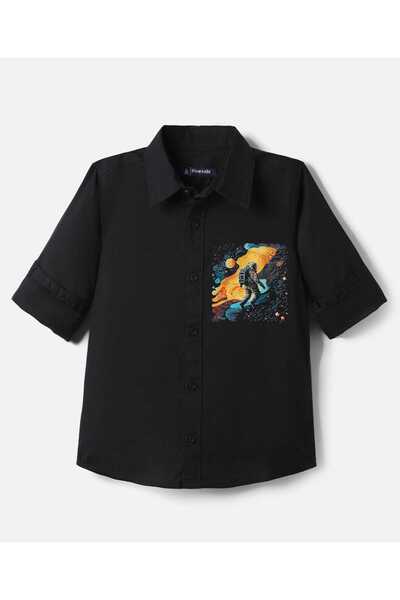 Pine kids Cotton Woven Full Sleeves Shirt With Front & Back Space Theme Print - Black