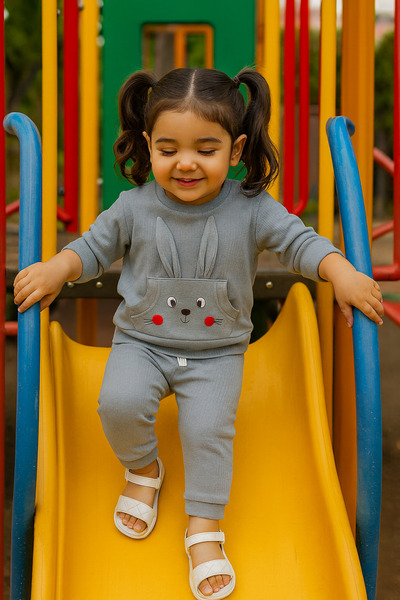 KAMİKAM Rabbit, Kangaroo Pocket, Embroidery, High Quality, Cotton Girl's Suit (Buy One Size Larger)