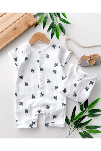 hümabebe Summer Muslin Jumpsuit with Cactus Pattern and Snap Fasteners