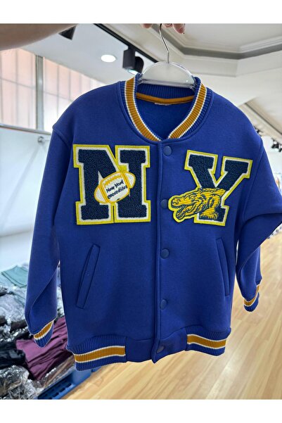 Magu Unisex Kids Cotton Navy Blue College Jacket - Bomber Jacket with Letter and Dragon Applique