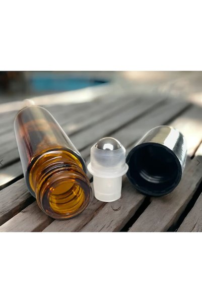 OEM Set 5 sticle reutilizabile de culoarea chihlimbarului cu roll-on metalic și capac negru 10 ml