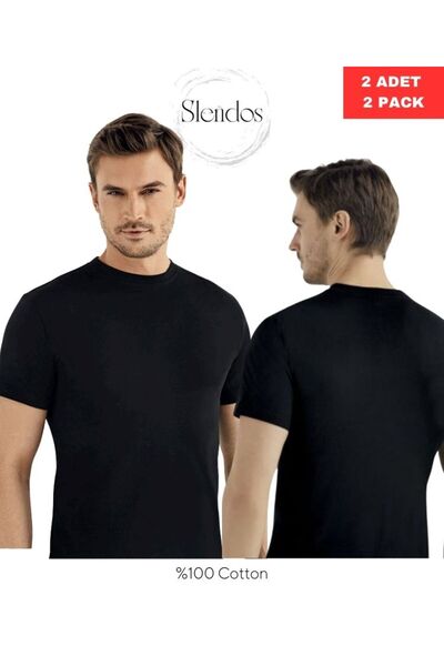 Şahinler Men'S, Black, Closed Collar, 100% Cotton, 2-Piece Short Sleeve Combed Cotton Undershirt