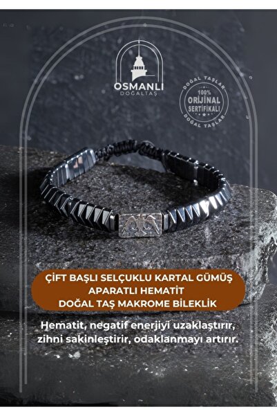 OSMANLI DOĞAL TAŞ Certified Double-Headed Seljuk Eagle Hematite Natural Stone Macrame Bracelet with Silver Apparatus