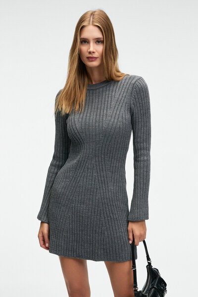 GRIMELANGE ENCANTO Kadın Yuvarlak Yaka Çizgi Desenli Slim Fit Antrasit Elbise