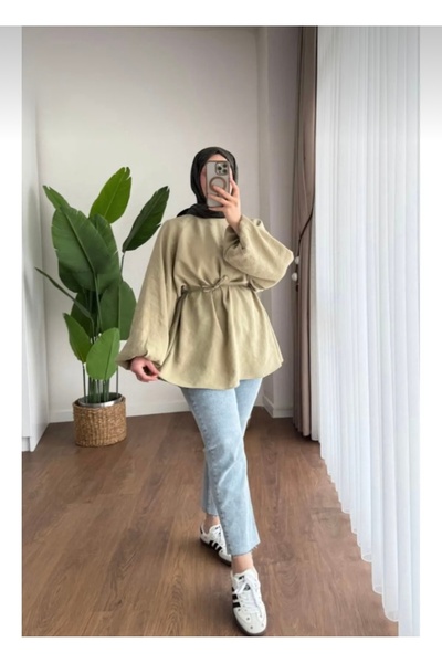 Bahar Altundemir Kadın Balon Kol Belden Bağlamalı Tesettür HAKİ TUNİK GÖMLEK rz01