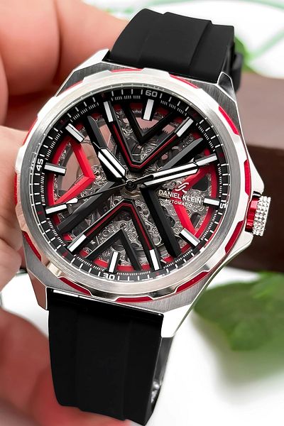 Daniel Klein Automatic Mechanism Silicone Cord Steel Case Men Wrist Watch Black-Red Zmdk1193