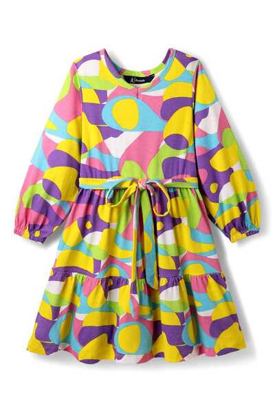 Pine kids فستان محبوك من القطن بأكمام طويلة وطبعة تجريدية - متعدد الألوان