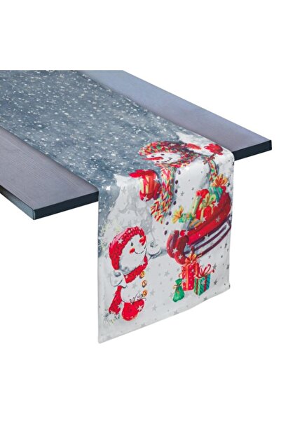OEM Christmas Table Runner, Grey, Snowmen, Silver Stars, 160 x 33 cm