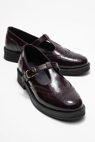 LuviShoes Janney Burgundy Patent Leather Genuine Leather Banded Women's Loafer Shoes