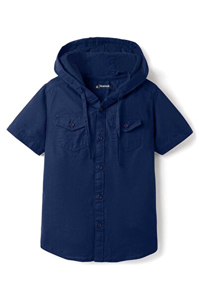 Pine kids قميص قطني منسوج بأكمام نصفية وغطاء رأس سادة - أزرق داكن