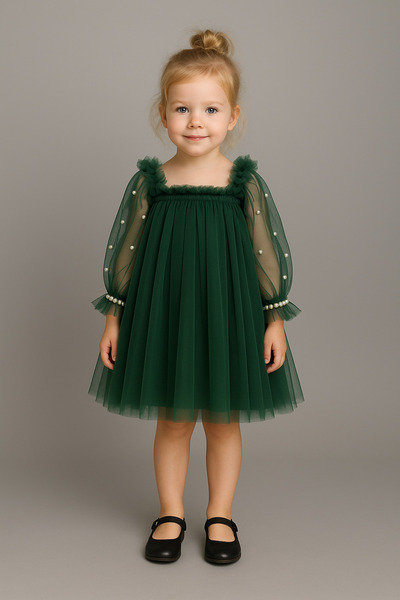 Magu Girl's Green Tulle Pearl Detailed Long Sleeve Evening Dress