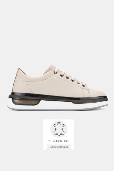 TUNAELLİ Men's Beige Khaki Natural Leather Lace up Sneaker Shoes
