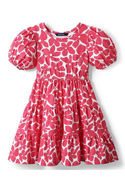 Pine kids فستان قطني محبوك بأكمام منتفخة وطبعة زهور - وردي غامق