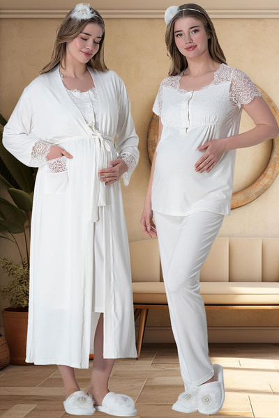 Mavelle Women's Lace Detailed Long Nightdress Pajamas Maternity Maternity Set 6065