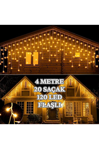 MENFRY 4 Metre 20 Saçaklı 120 LED Flaşlı Ekleme Fişli İç Mekan Aydınlatma Dek...