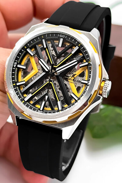 Daniel Klein Automatic Mechanism Silicone Cord Steel Case Men Wrist Watch Black-Yellow Zmdk1193
