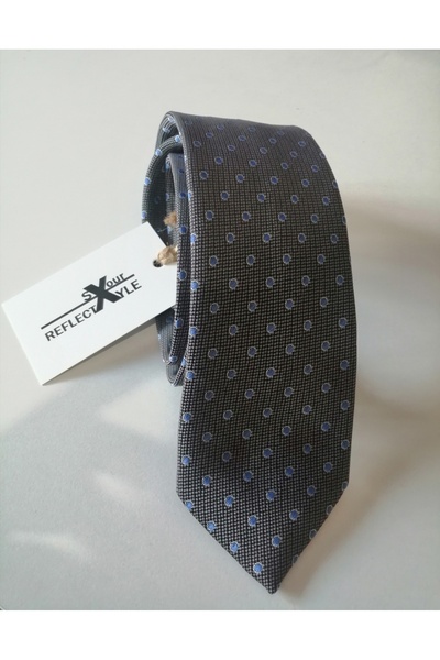 Reflect Your Style Tie Luxury Water and Stain Resistant Special Fabric Gray and Blue Dot Detail