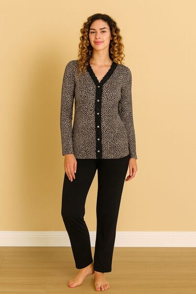 noyalux ΓΥΝΑΙΚΕΙΟ ΣΕΤ ΠΙΤΖΑΜΑ ΜΑΚΡΥΜΑΝΙΚΟ ΒΑΜΒΑΚΙ ΜΕ ΣΧΕΔΙΟ ΛΕΟΠΑΡ