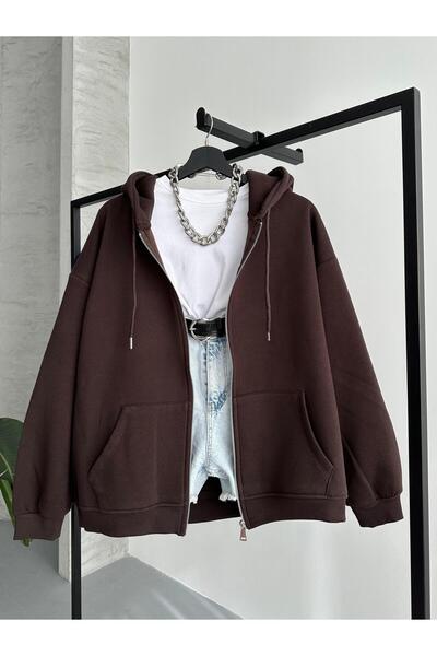 FERZOLAİO Zippered Hooded Oversized Bitter Brown Cardigan