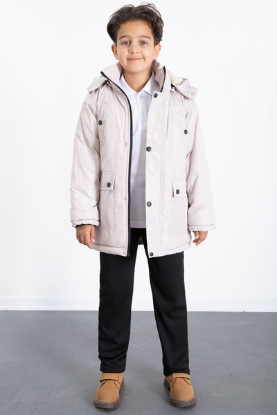 Cansın Mini Μπεζ αφαιρούμενη κουκούλα Basic για αγόρια πουπουλένια παλτό με γούνα στο εσωτερικό 21441