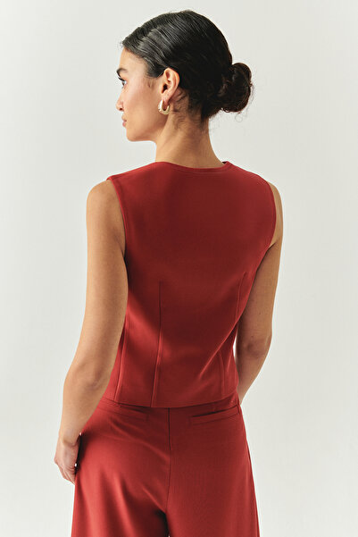 Exquise Bisiklet Yaka Fileto Cep Astarlı Düz Regular Yelek