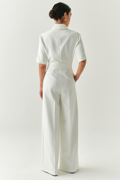 Exquise Short Sleeve Zipper Slim Fit Shirt Collar Jumpsuit