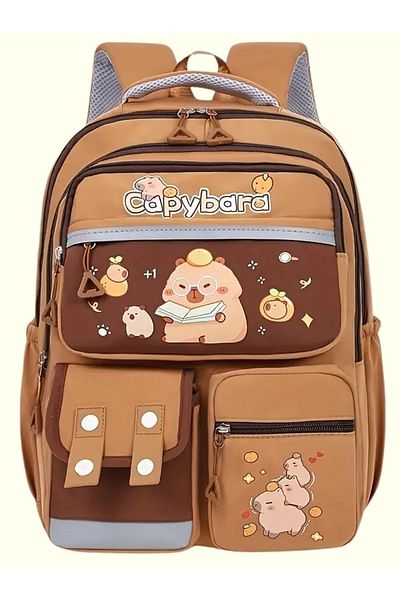 capybara Patterned Brown Multi-Compartment School and Backpack