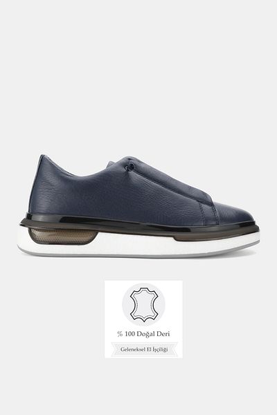 TUNAELLİ Men's Navy Blue Khaki Natural Leather Lace up Sneaker Shoes