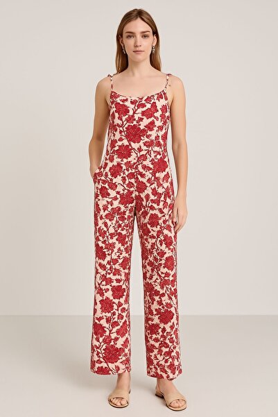 SheLoria Women's Red Floral Double Pocket Strap Casual Modal Jumpsuit