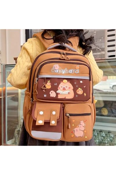 capybara Patterned Brown Multi-Compartment School and Backpack