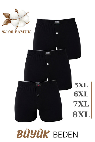 Arma Yıldız 3 Pack Men's Large Size Boxer Black 100% Cotton Combed Cotton Wide Fit Battal Size Underwear