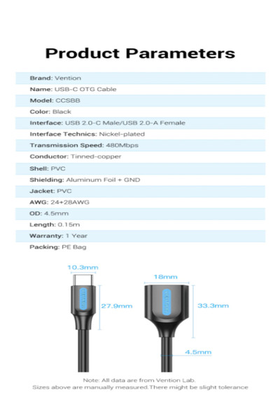 Vention USB 2.0 Type-C Male to USB-A Female OTG Cable Type C to A Converter