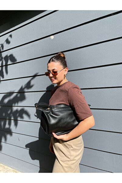 GUONN حقيبة كتف بذراع على شكل نص - حقيبة نسائية باجيت مع حزام - أسود