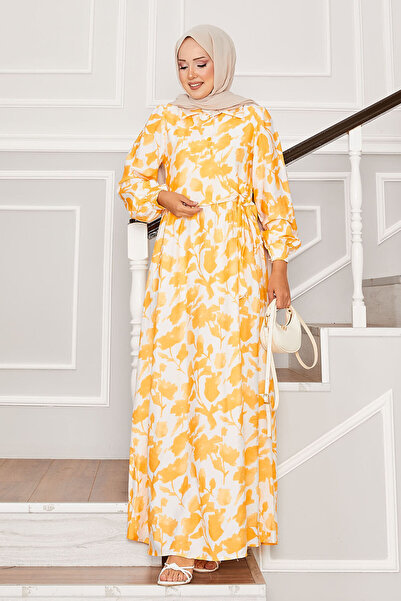 EBRUTESETTÜR Gömlek Yaka Yandan Bağlamalı Çiçekli Elbise