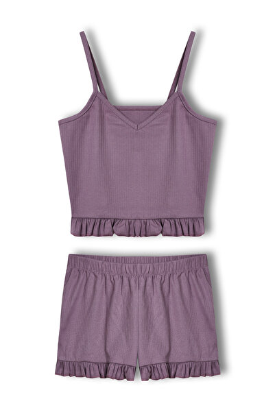 HNX Pamuklu Fitilli Crop Atlet ve Fırfırlı Şort Kadın Pijama Takımı