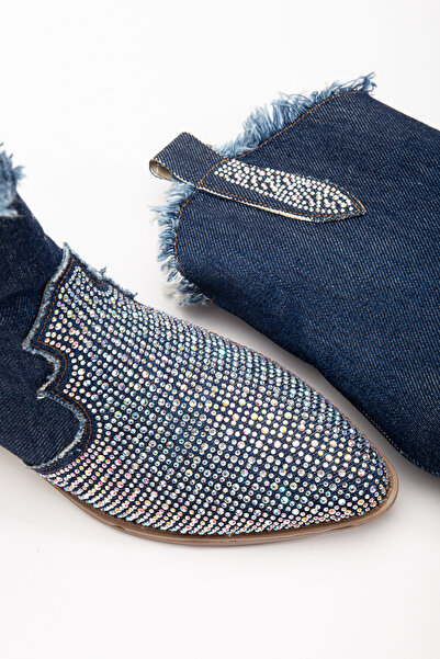 MS SUGAR SHOES Kadın Yırtık Detaylı Kot Bot Taşlı Kovboy Tarzı Cowgirl Bot