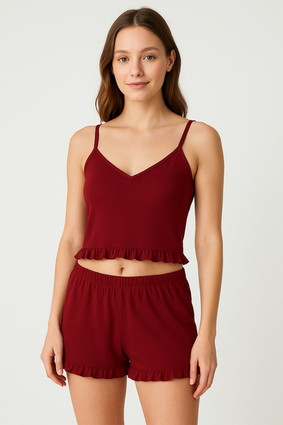 HNX Cotton Ribbed Crop Tank Top and Ruffle Shorts Women's Pajama Set