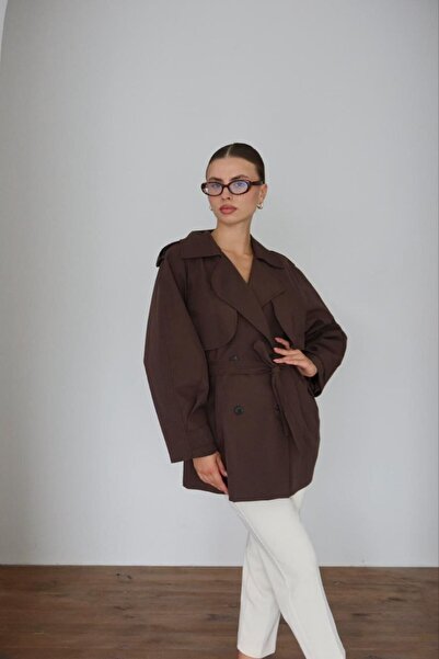 My Blog Kahverengi Rüzgarlık Detaylı Kuşaklı Kısa Trençkot - 7556