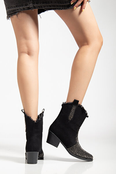 MS SUGAR SHOES Kadın Yırtık Detaylı Kot Bot Taşlı Kovboy Tarzı Cowgirl Bot